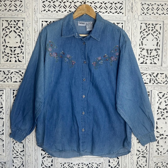 Vintage Capacity Floral Embroidered Blue Grannycore Cottage Button Up Shirt Sz L - Picture 1 of 7